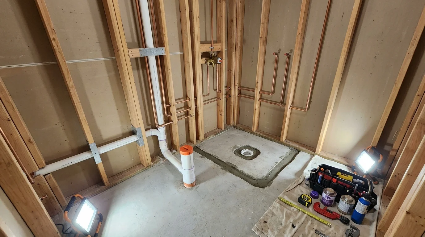 Bathroom rough-in plumbing during remodel by Johns Plumbing LLC in Alstead