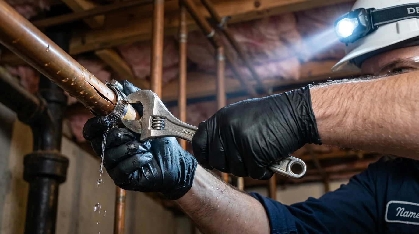Emergency pipe clamp repair being performed by a Johns Plumbing LLC plumber in Alstead