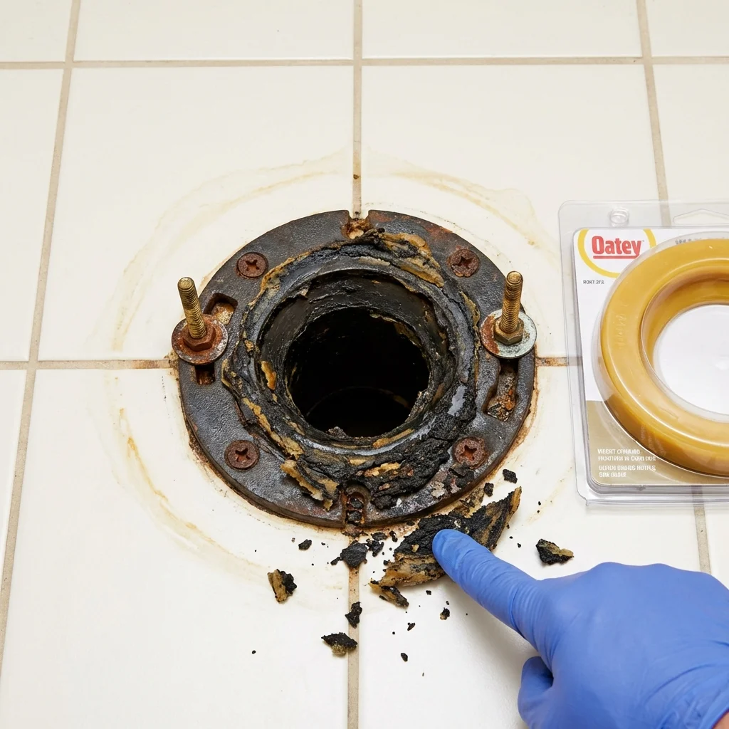 Failed wax ring showing water seepage at the base of a toilet in a Alstead, NH home